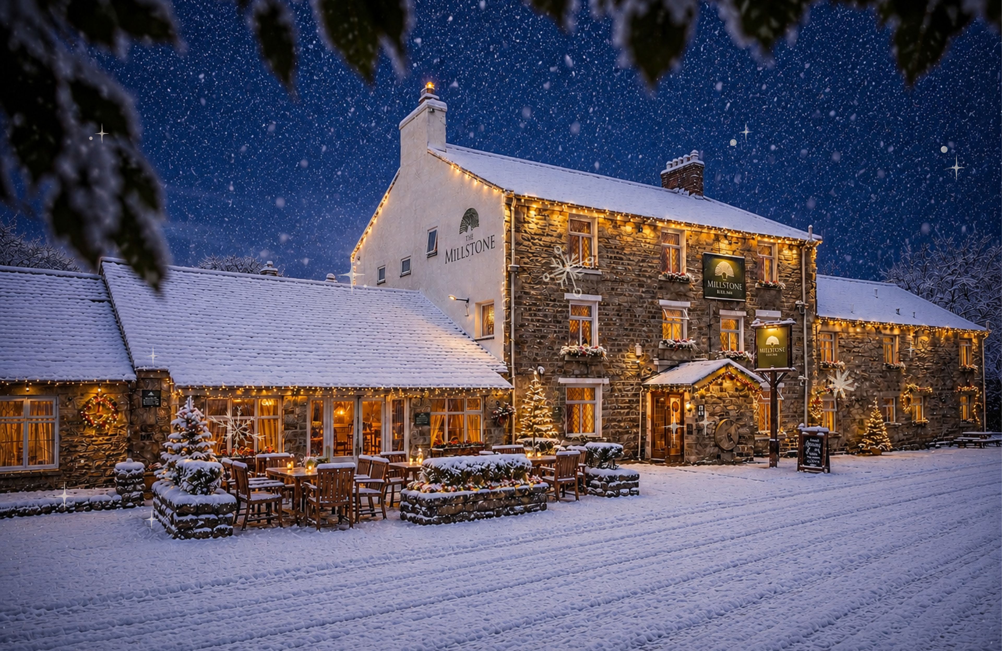 snow scene at The Millstone with Christmas sparkle